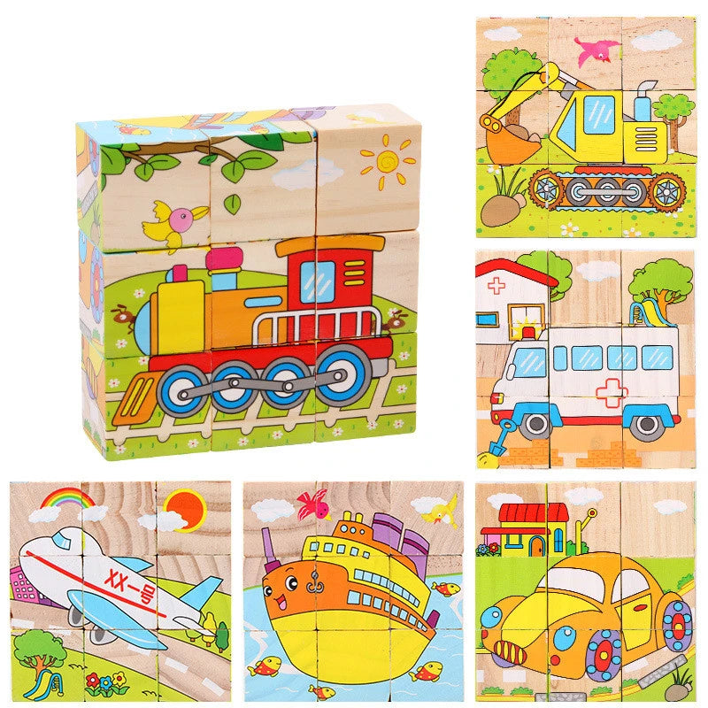 Baby Wooden Blocks Toys Children Six Side Cube Jigsaw Puzzles Game Animal Fruit Traffic Cognize Early Learning Educational Toys