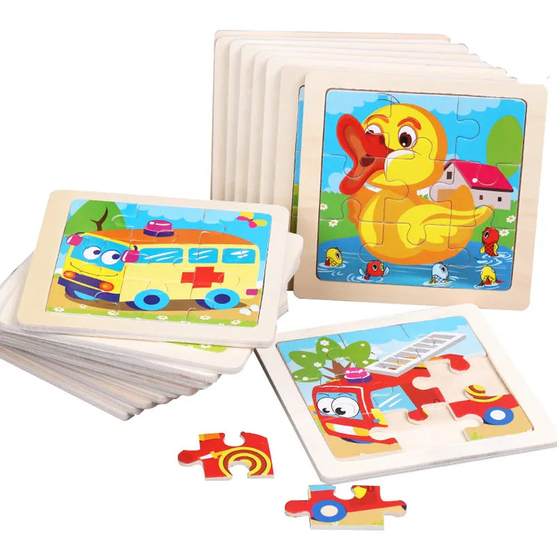 Kids Wooden Puzzle: Educational Cartoon Animal Traffic Tangram Jigsaw Toy