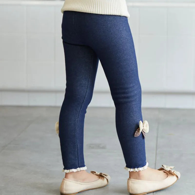 Girls' Thick Warm Bow Bottom Leggings: Winter-Spring Jean Style Kids Trousers