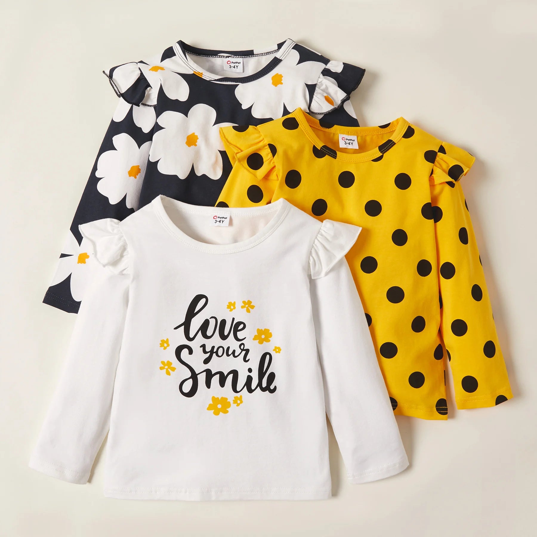 PatPat 3-pack Girls T-shirt  3 pcs T-shirts Autumn And Spring Floral Dots Long-sleeve Top Tee Sets Children Clothing