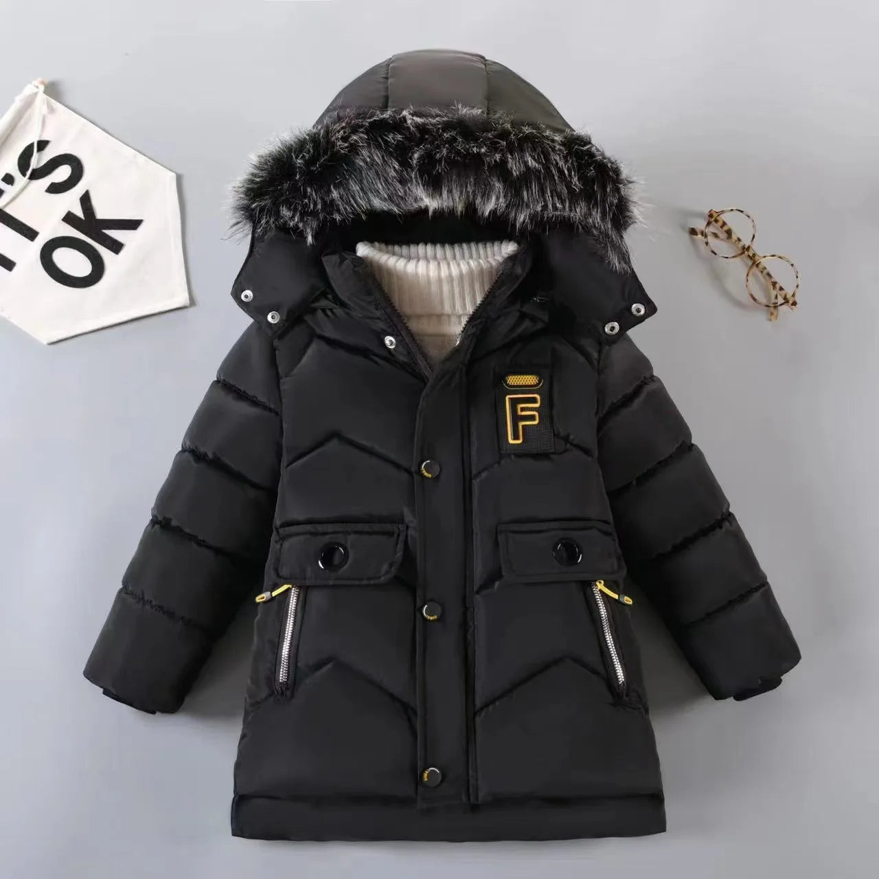 Letter F Design with Plush Fur Collar, Hooded Heavy Coat for Warmth