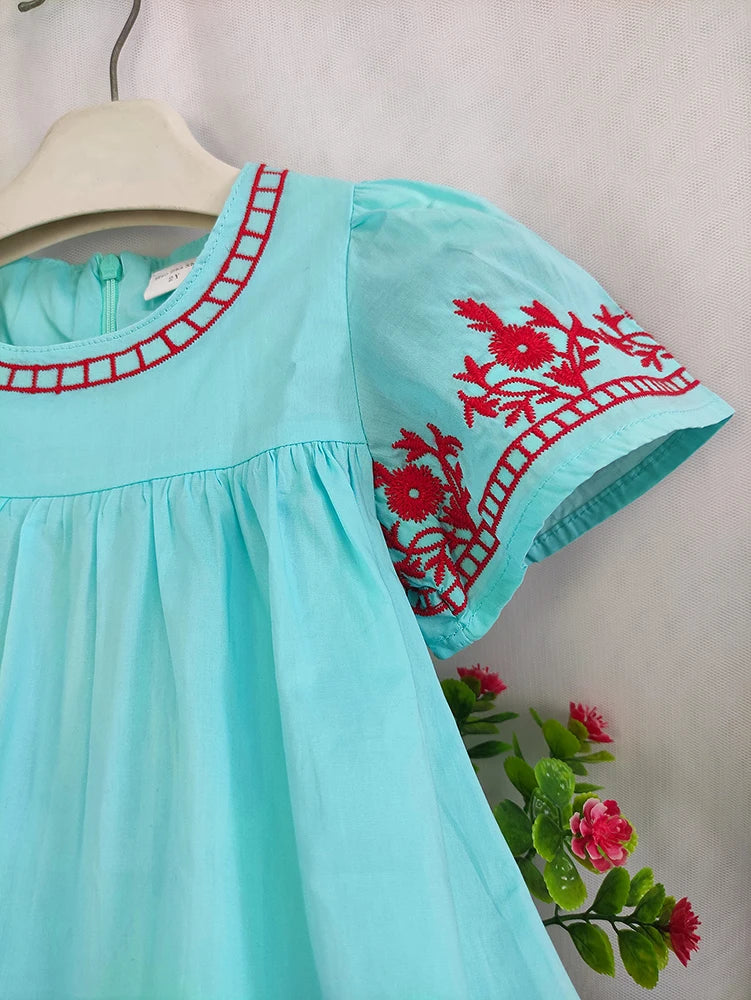 Girls Flowers Embroidered Cotton Dress