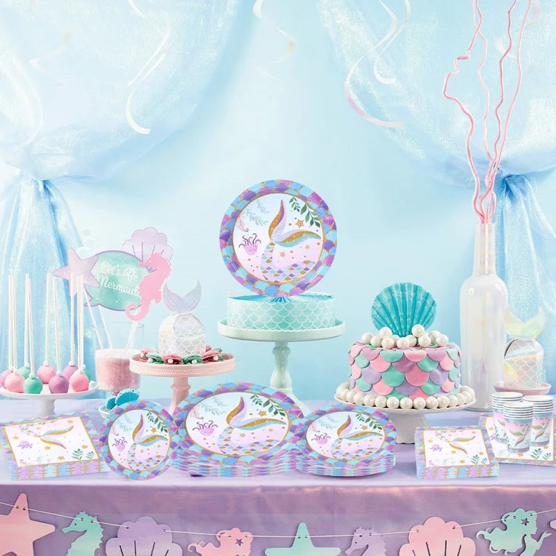 Little Mermaid Tableware Tablecloth Mermaid Birthday Party Decoration 1st Birthday Girl Under the Sea Party Supplies Baby Shower