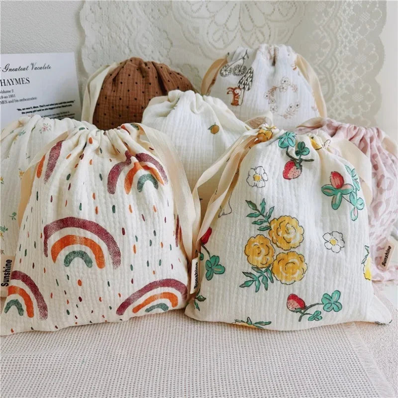 Printed Flower Mommy Bag Baby Diaper Bag Cotton Nappy String Pocket Stroller Carry Pack Travel Outdoor Diaper Storage Bag