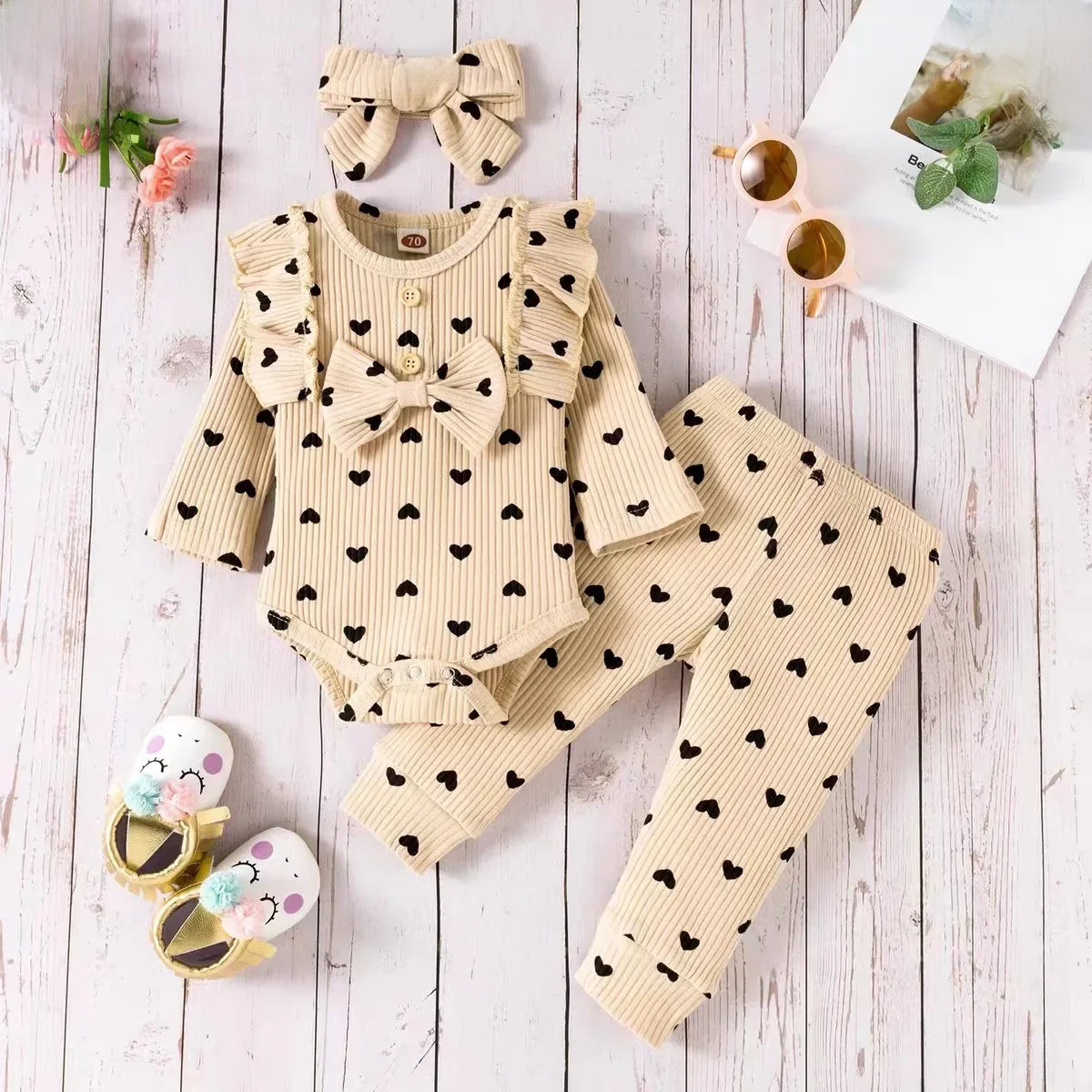 3PCs Long Sleeve Hoodie Set - Headband + Romper + Pant