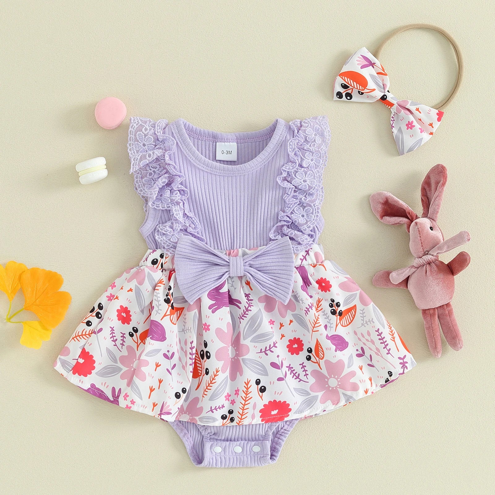 Lace Bunny Print Baby Romper Set