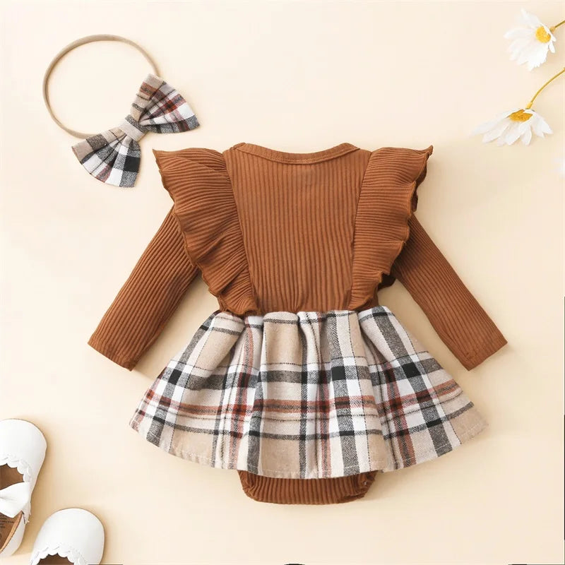 Plaid Romper Dress with Headband - Rib Knit Ruffled Long Sleeve Jumpsuit