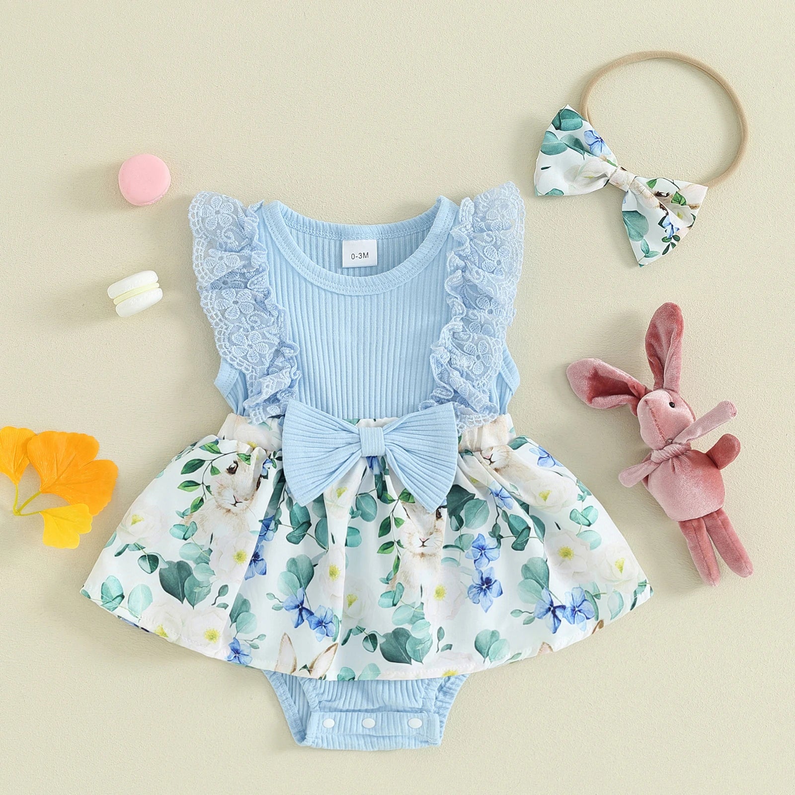 Lace Bunny Print Baby Romper Set