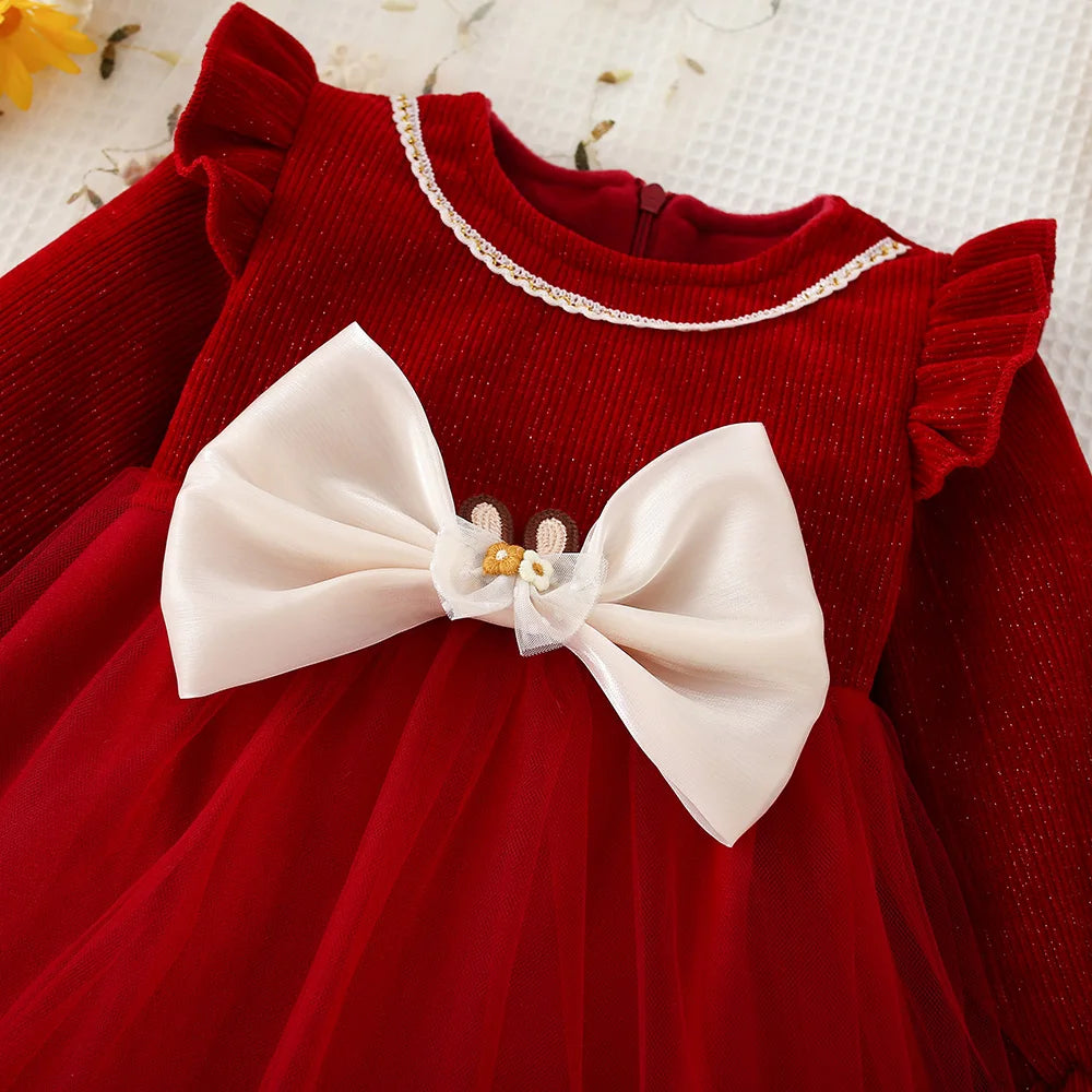 Long Sleeve Bow Princess Mesh Dress