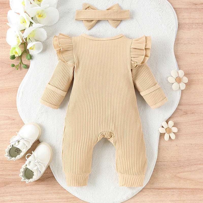 Ruffled Ribbed Baby Romper & Bow Headband Set