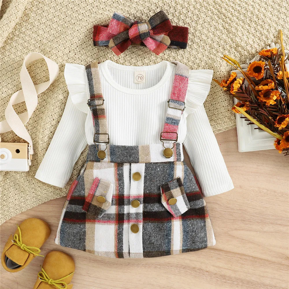 Autumn Winter Toddler Kids Clothes Girls Ruffles Long Sleeve Knitted Bodysuits Tops+Plaid Suspender Button Dress+Headband Sets