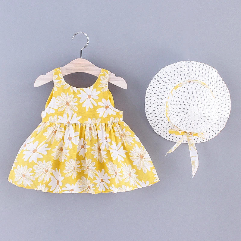 Daisy Print Dress & Hat 2PCs Set