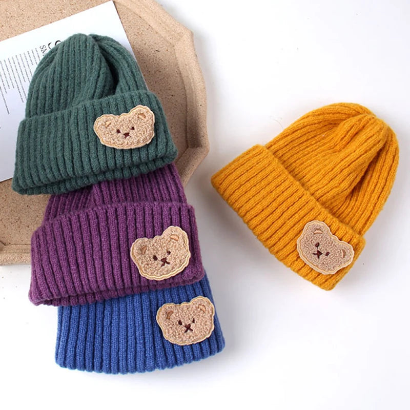 Korean Cute Bear Baby Hats For Kids Soft Knitted Cap Warm Beanie Autumn Winter Solid Color Children Toddler Crochet Hat