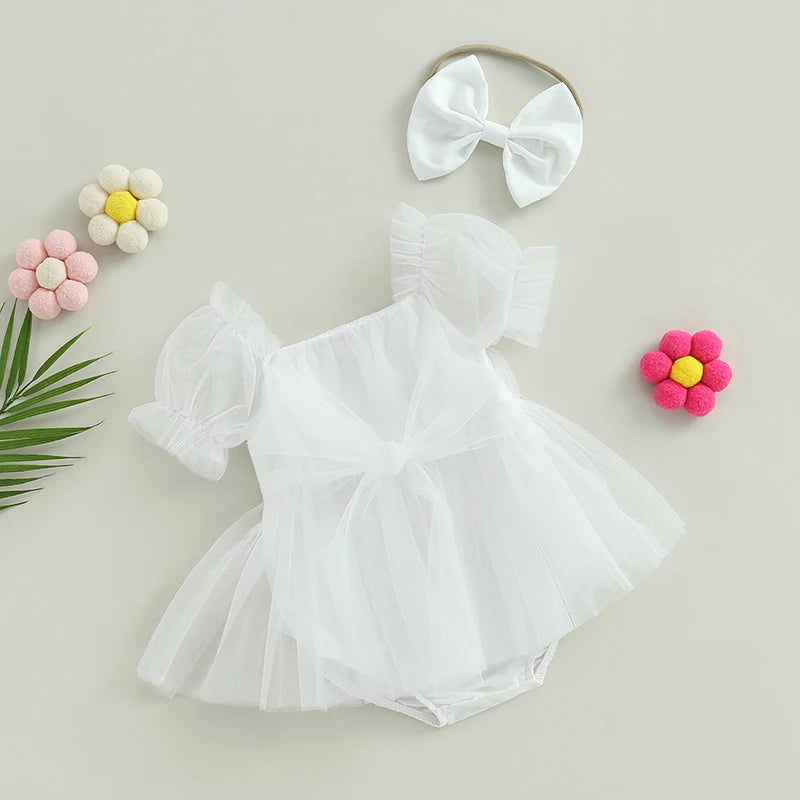 ma&baby 0-24M Princess Baby Girl Romper Newborn Infant Toddler Tulle Jumpsuit +Headband Princess Birthday Puff Sleeve Outfits