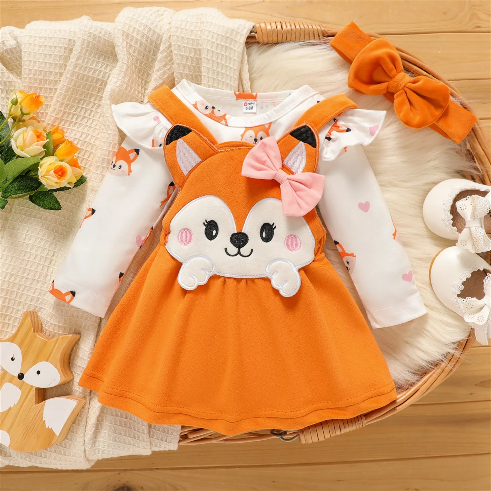 PatPat Newborn Baby Girl Clothes New Born Babies Items Costume 3pcs Fox Print Jumpsuit Romper Overall Dress with Headband Set