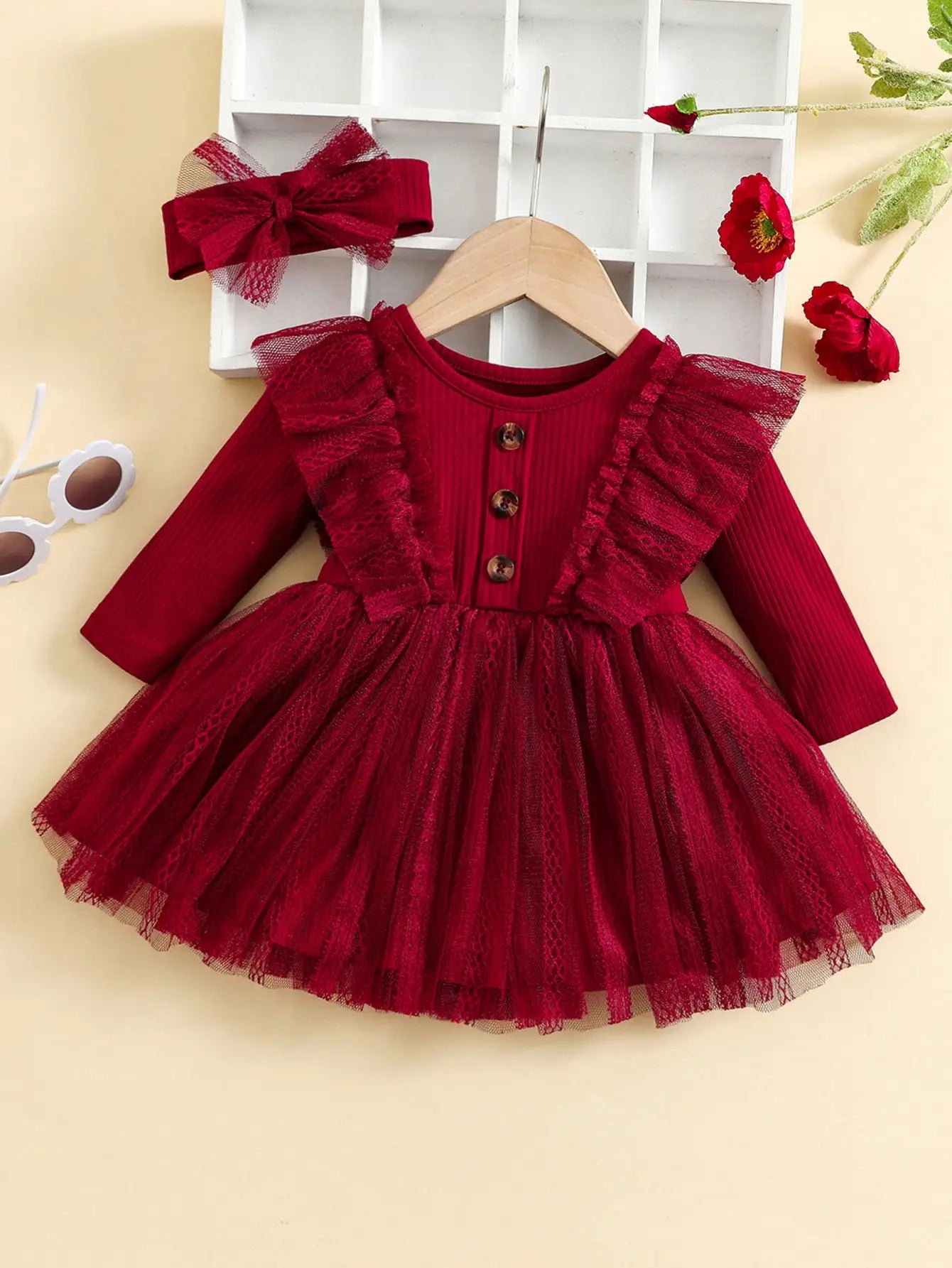 Two-Piece Romantic Ruffled Mesh Dress with Bow Headscarf