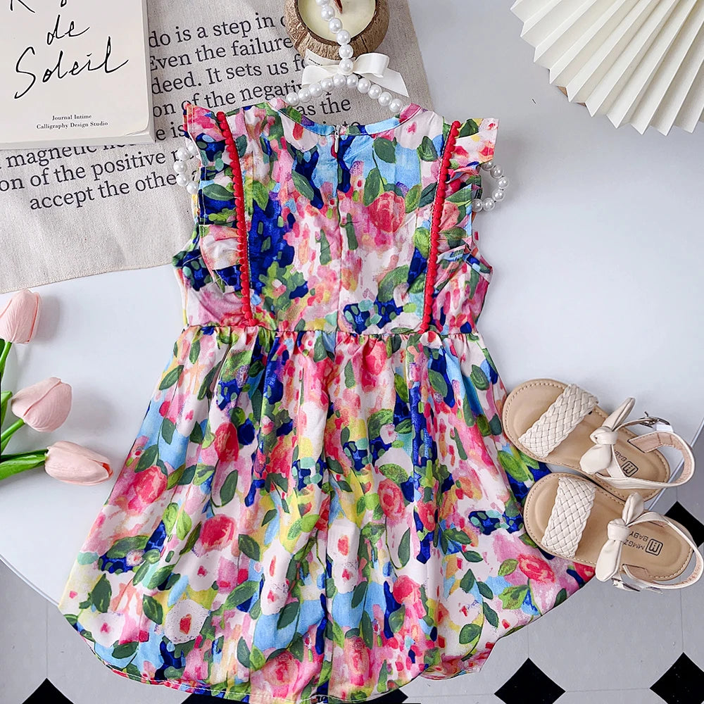 Girls' Sleeveless Ruffled Flower Print Dress