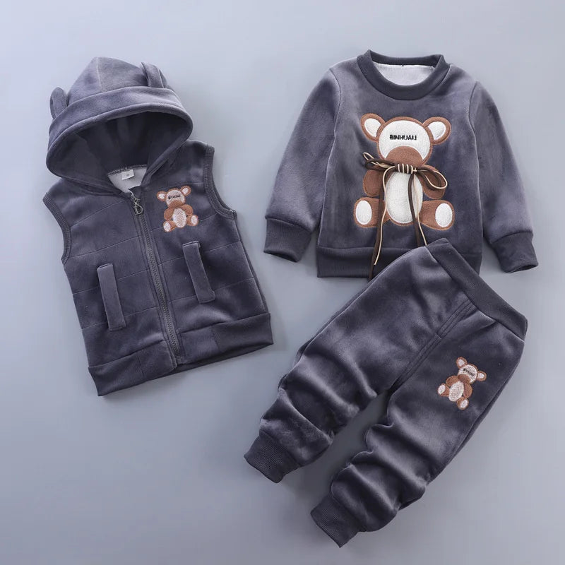 Thick Warm Fleece 3PCs Set - Hooded Sweater Cartoon Bear Pants & Vest