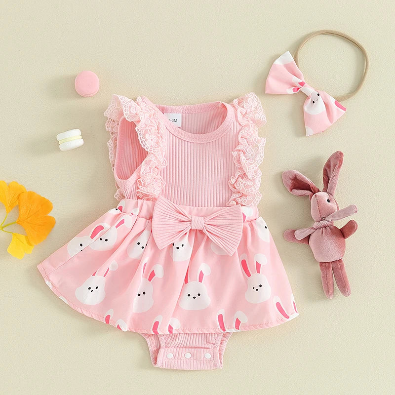 Lace Bunny Print Baby Romper Set