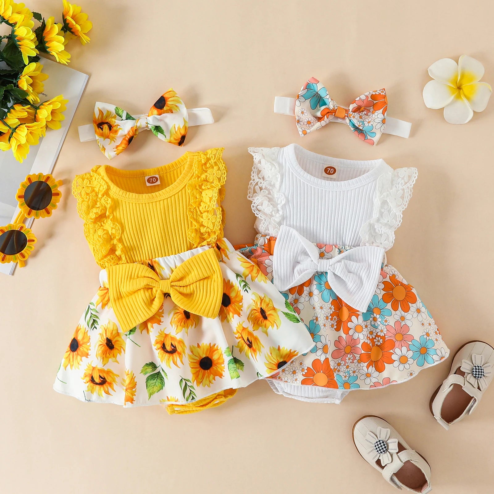 2PCS Romper Dress Set with Flower Print & Headband