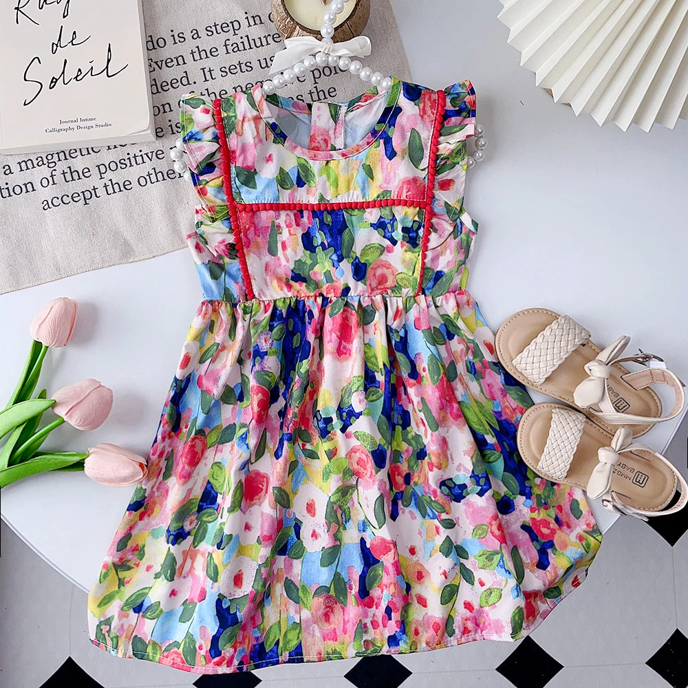 Girls' Sleeveless Ruffled Flower Print Dress