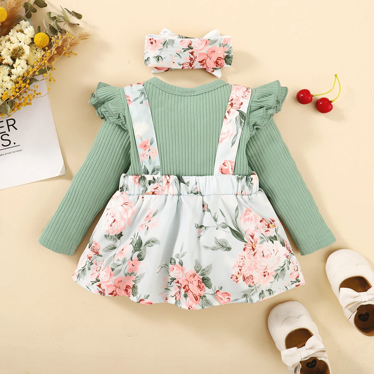 2-Piece Baby Girl Floral Romper Dress & Headband Set