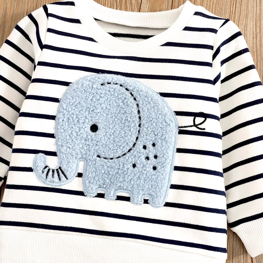 2 PCs Elephant Stripe Top & Jeans Set for Toddlers