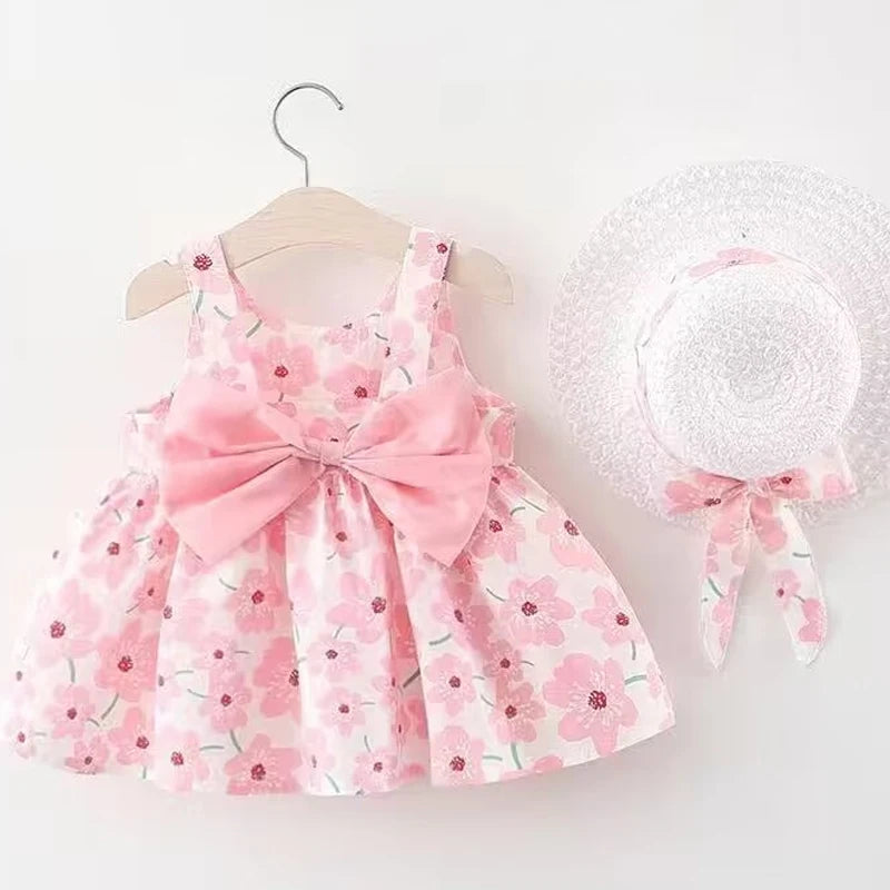 Sweet Floral Beach Dress with Hat 2PCs Set