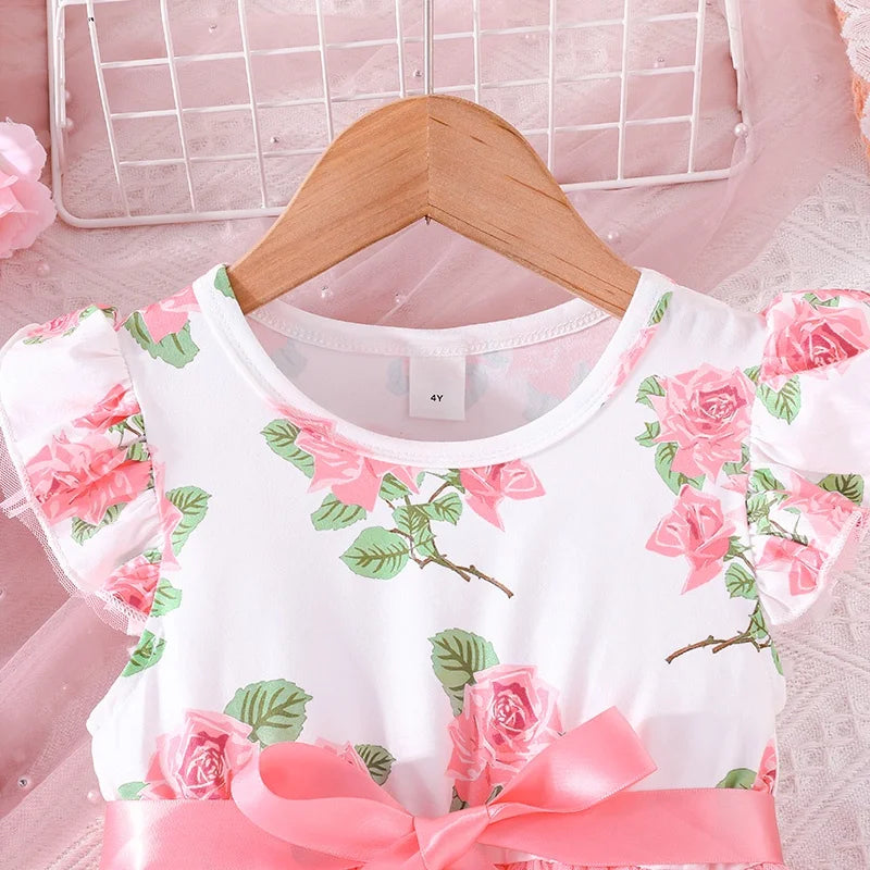 Princess Ruffled Sleeve Pink Floral Dress