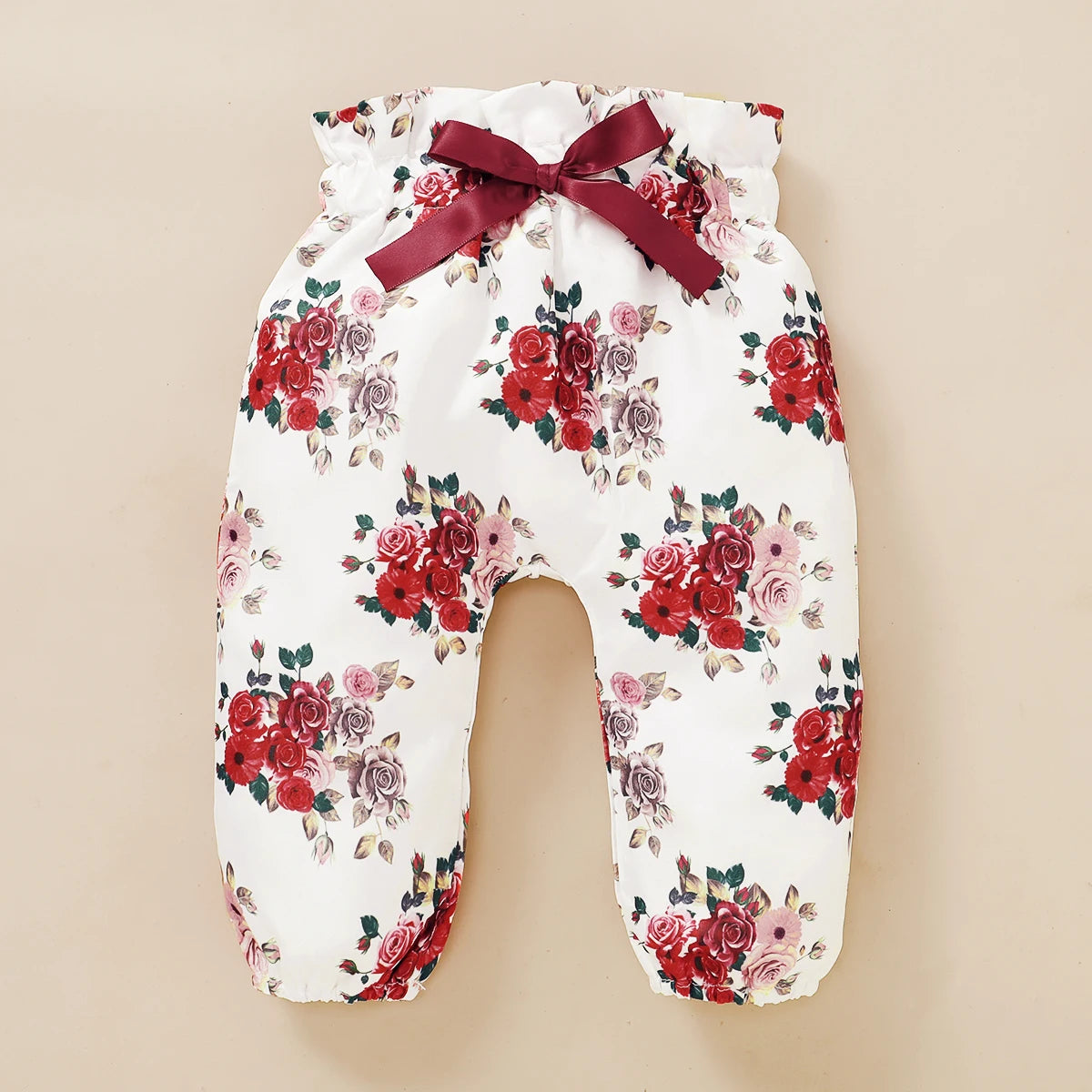 Long Sleeve Romper & Floral Pants & Bowknot Headband