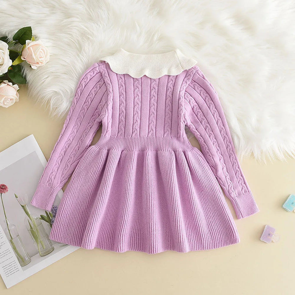 Long Sleeve Ruffled A-Line Collar Knit Dress