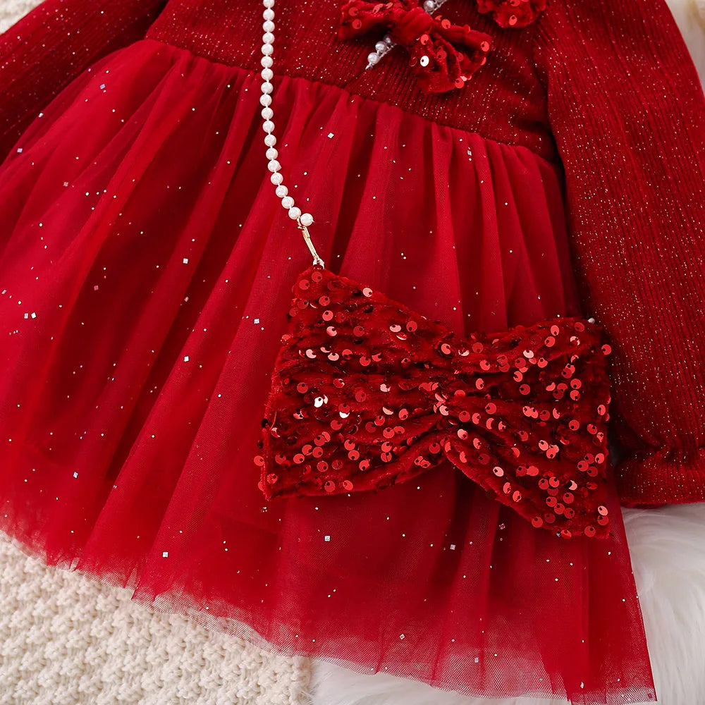 Red Baby Girl Long Sleeved Velvet Sequin Party Dress with Bag