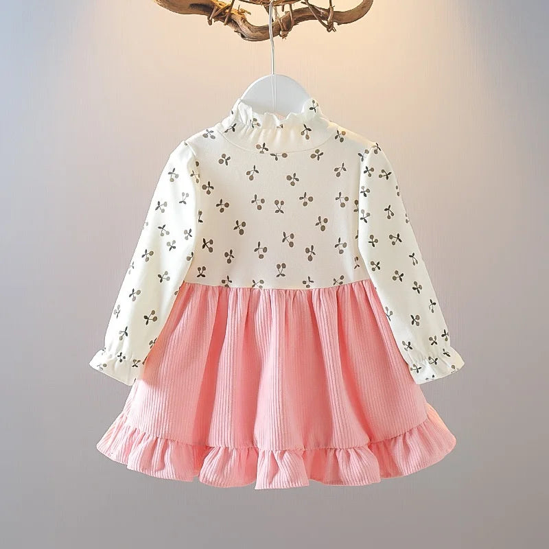 Floral Bear Corduroy Strap Dress – Long Sleeve Kids Outfit