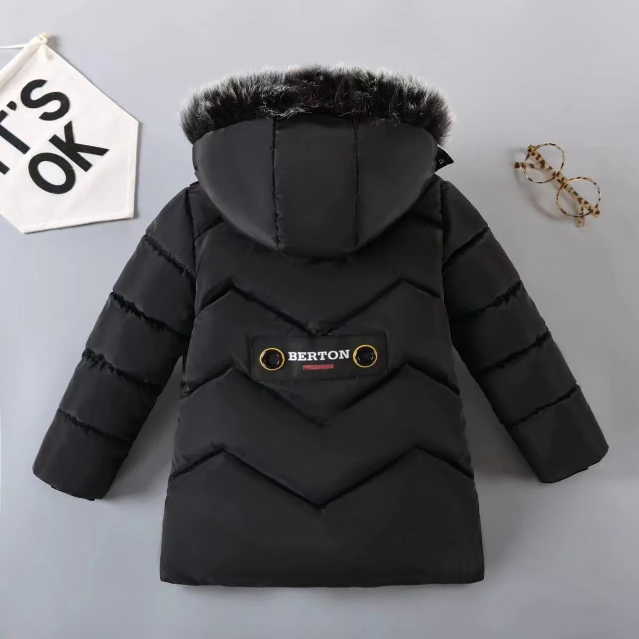 Letter F Design with Plush Fur Collar, Hooded Heavy Coat for Warmth