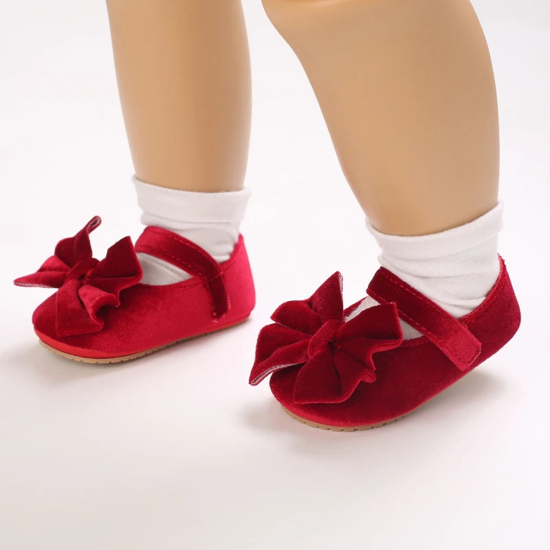 Newborn Baby Girls Flannelette Bow Shoes - Soft Rubber Sole