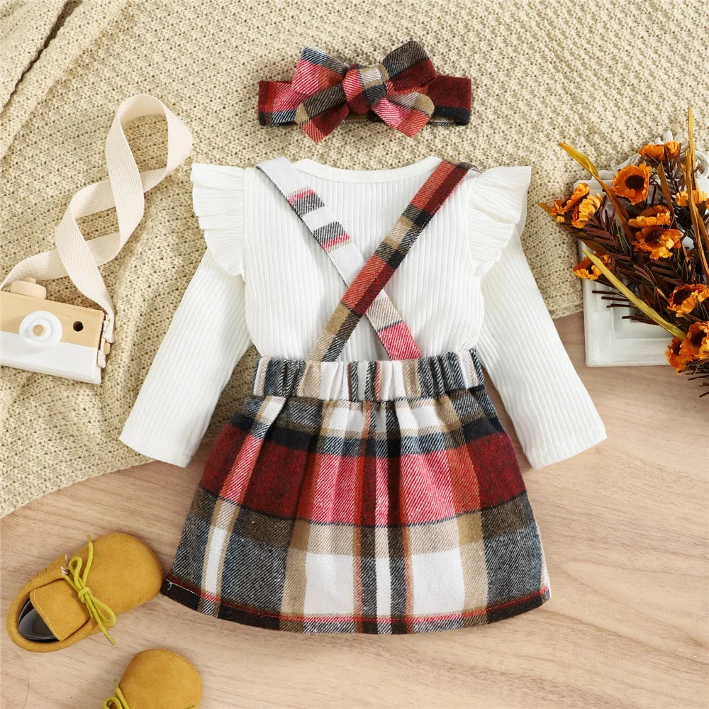 Autumn Winter Toddler Kids Clothes Girls Ruffles Long Sleeve Knitted Bodysuits Tops+Plaid Suspender Button Dress+Headband Sets