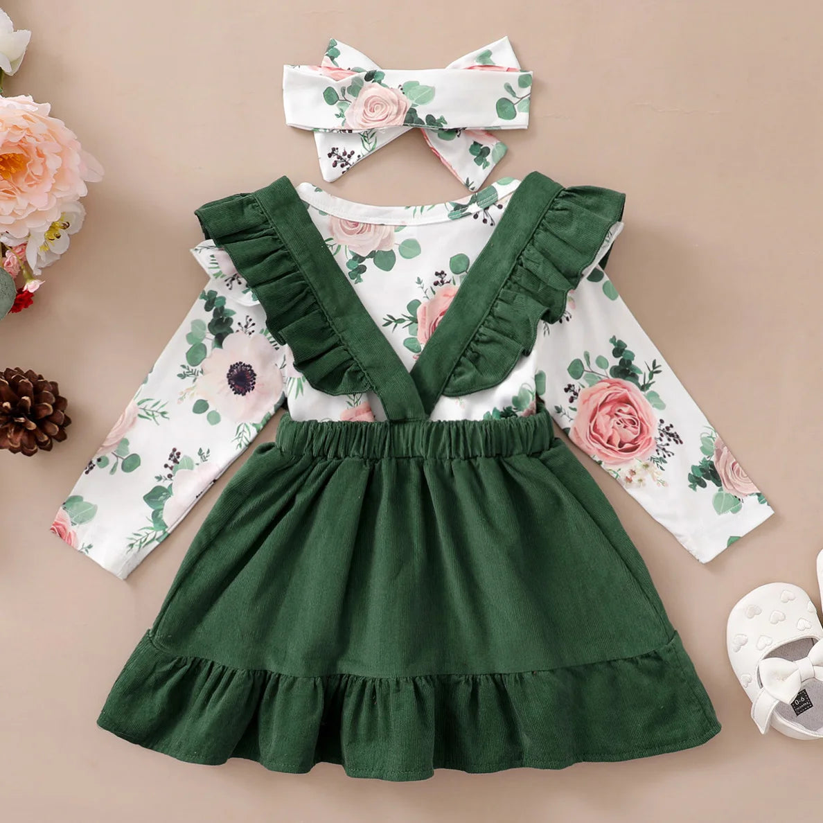 Floral Romper & Suspender Skirt & Headband Set