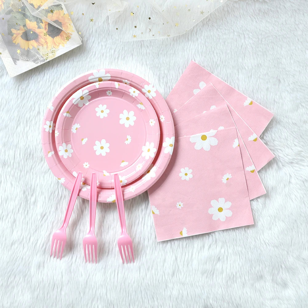 Daisy Theme Pink Disposable Tableware Set