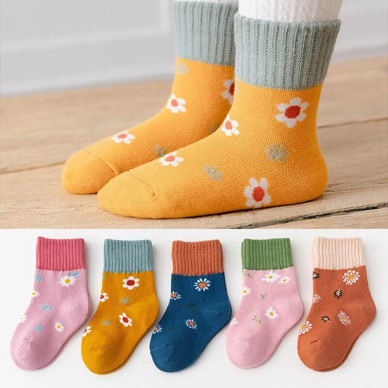 5Pairs Cute Stripe Carttoon Knit Warm Kids Socks For Girls Boys Children Socks Baby Flower Floral Short Socks