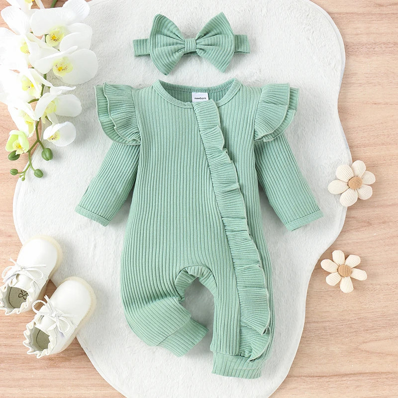 Ruffled Ribbed Baby Romper & Bow Headband Set