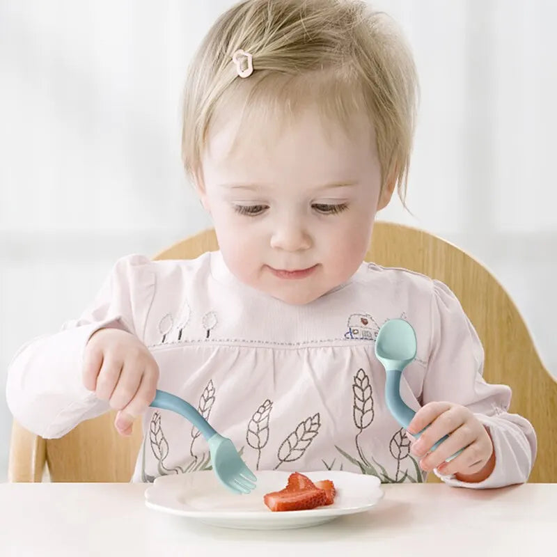 Green BPA-Free Toddler's Learning Utensil Set: Soft Silicone Twist Fork and Spoon