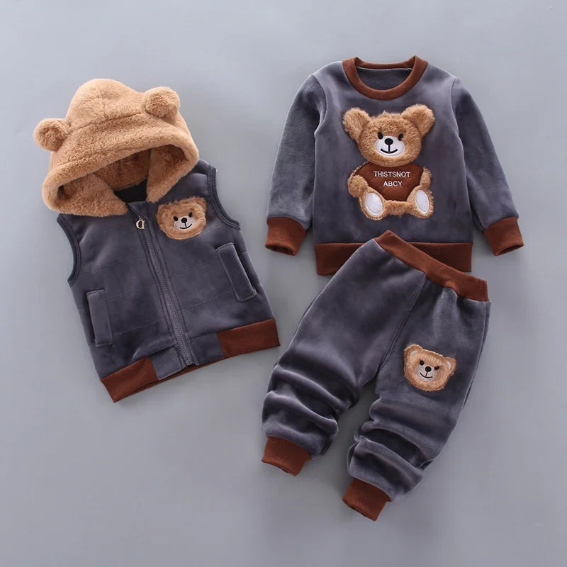 Thick Warm Fleece 3PCs Set - Hooded Sweater Cartoon Bear Pants & Vest