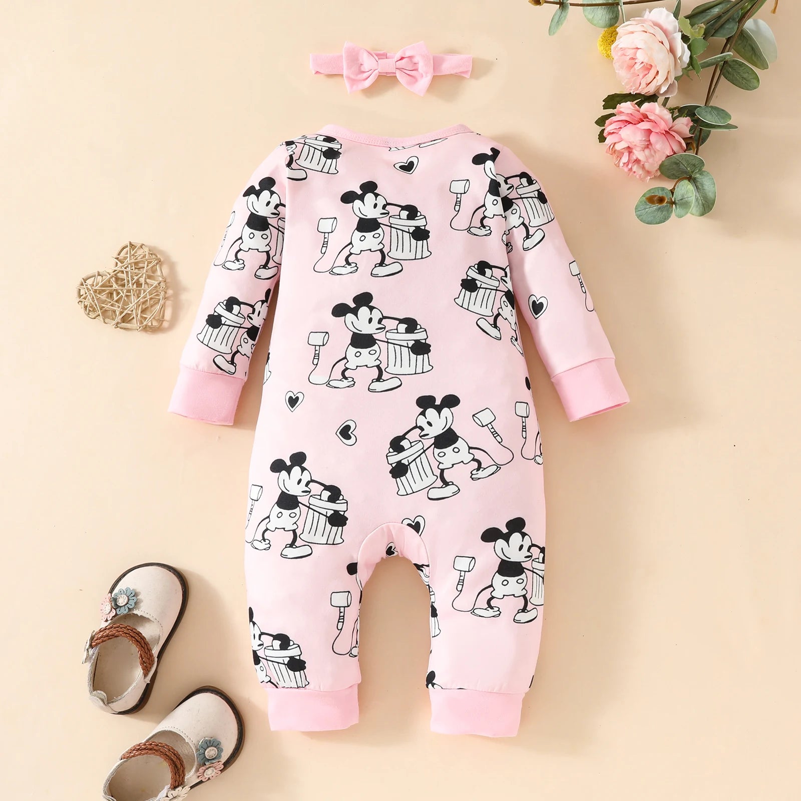 Cartoon Mouse Long Sleeve Baby Romper & Headband