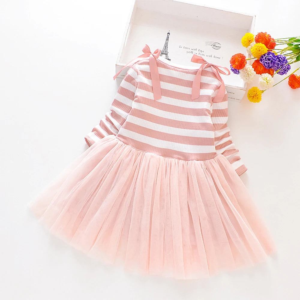 Girls' Striped Bow Patchwork Mesh Tulle Dress