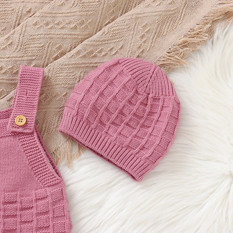 2PCs Set: Sleeveless Knitted Baby Romper & Hat