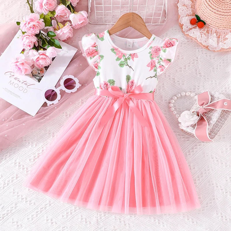 Princess Ruffled Sleeve Pink Floral Dress