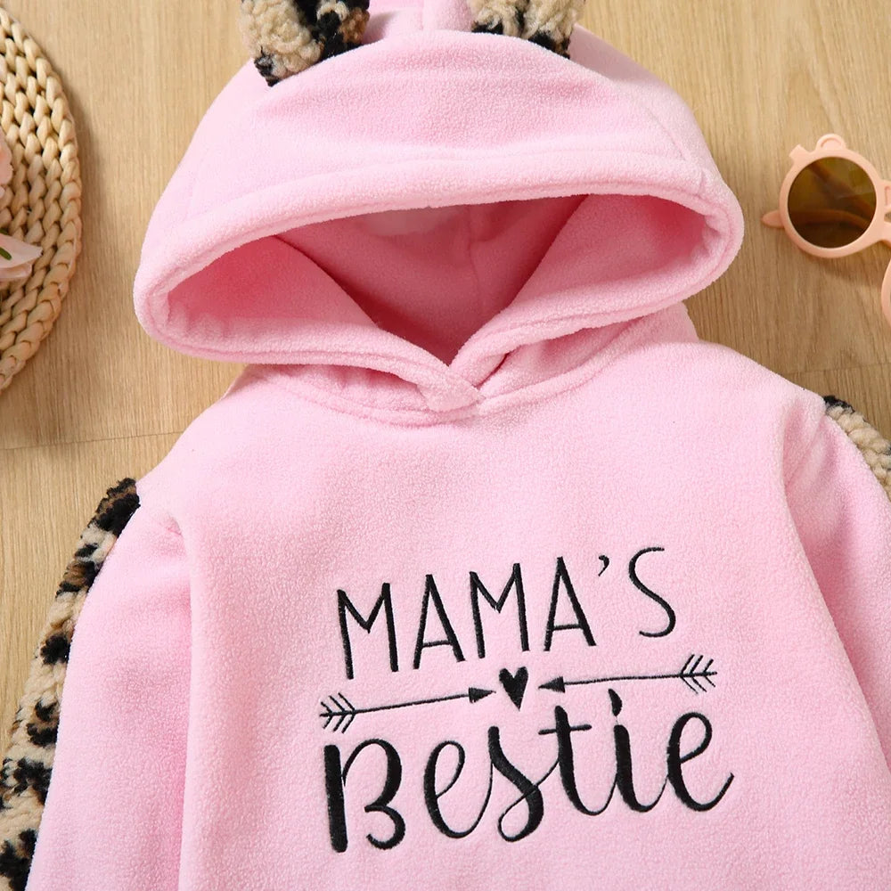 Letter Embroidered Leopard Ear Design Polar Fleece Hoodie Sweatshirt