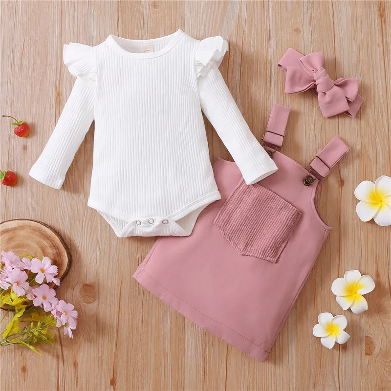 Cute 3PCS Baby Girls Suit with Suspender Skirt