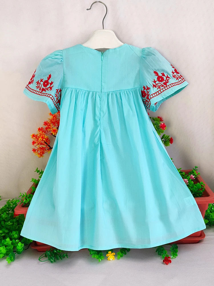 Girls Flowers Embroidered Cotton Dress