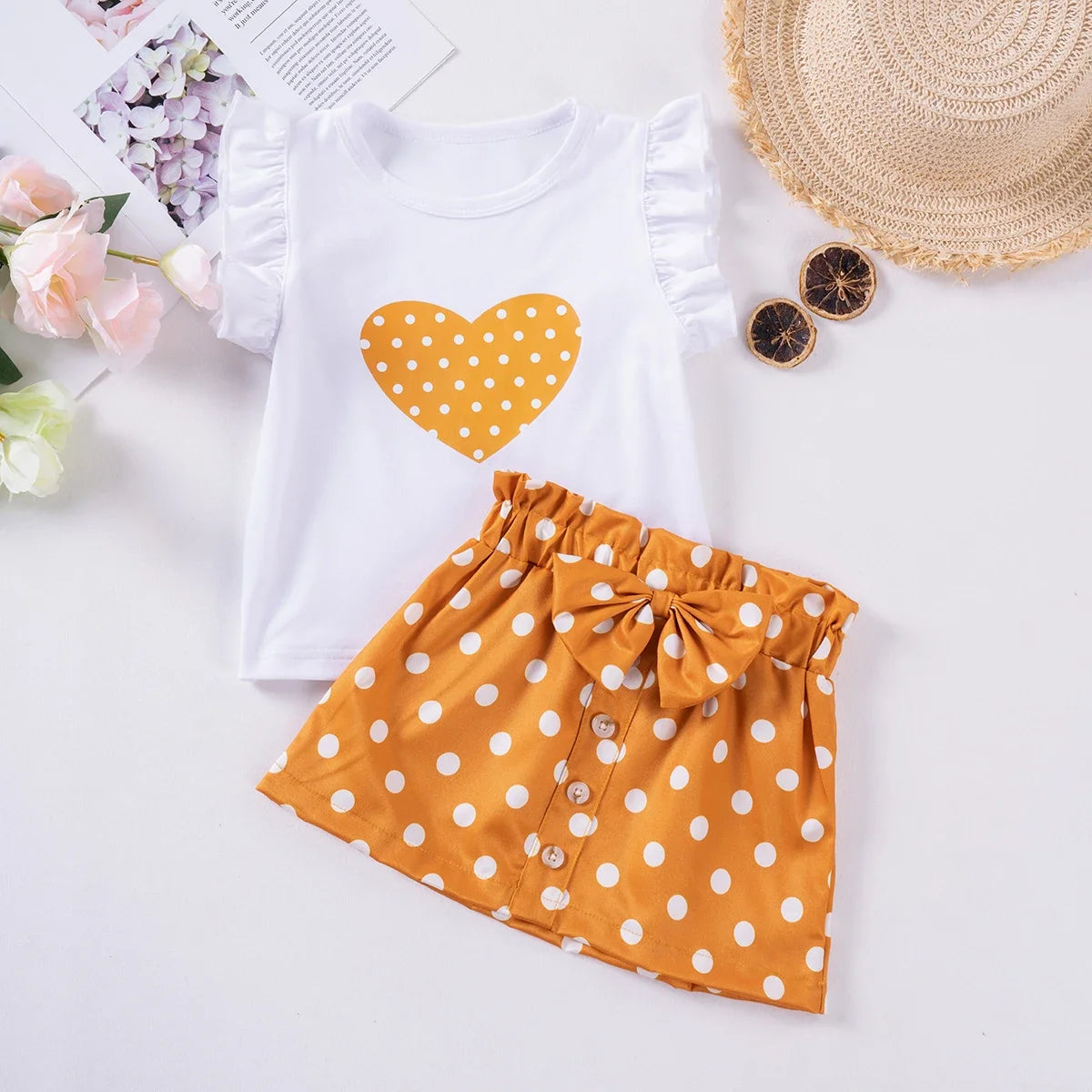 Girls' Fashion 2PCs  Set: Love Flying Sleeve Shorts